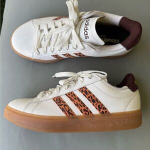 Adidas White Sneakers with Leopard Print Stripes - Cloudfoam Comfort